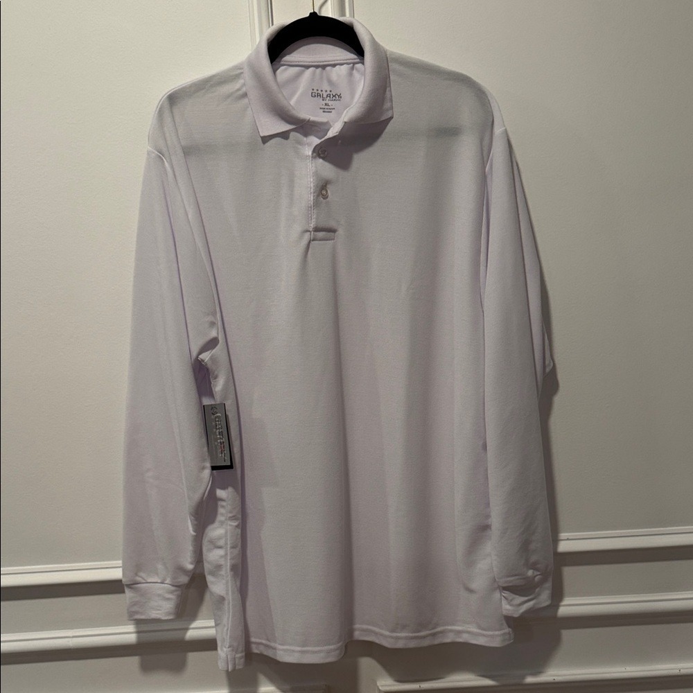 Galaxy by Harvic Men's Long Sleeve Polo Shirt XL White Moisture Wicking NWT